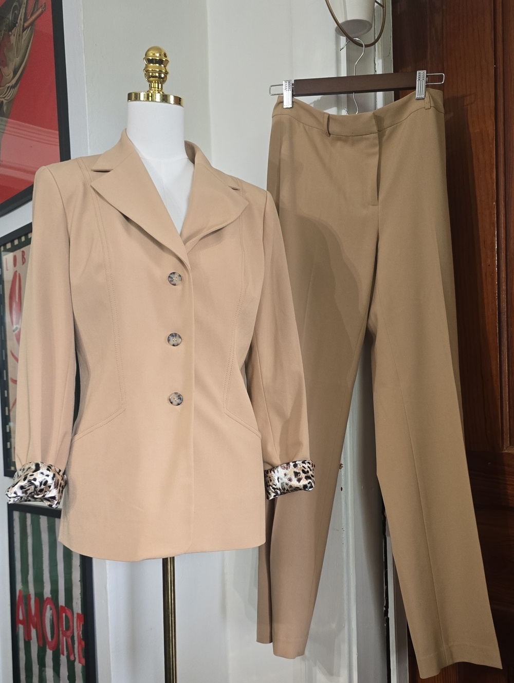 Peck & Peck Beige Women's Blazer and Trousers Set with Leopard Cuff Detail